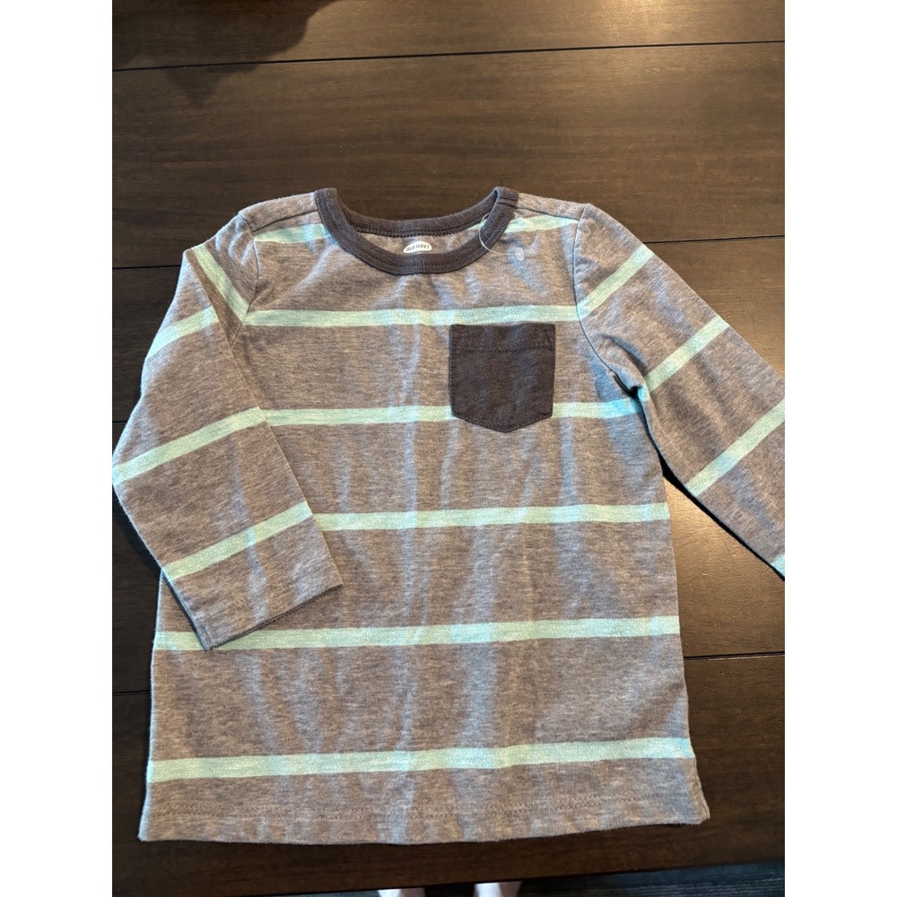 Old Navy Boys Long Sleeve Striped Pocket Tee Heather Gray Mint Green 18-24M